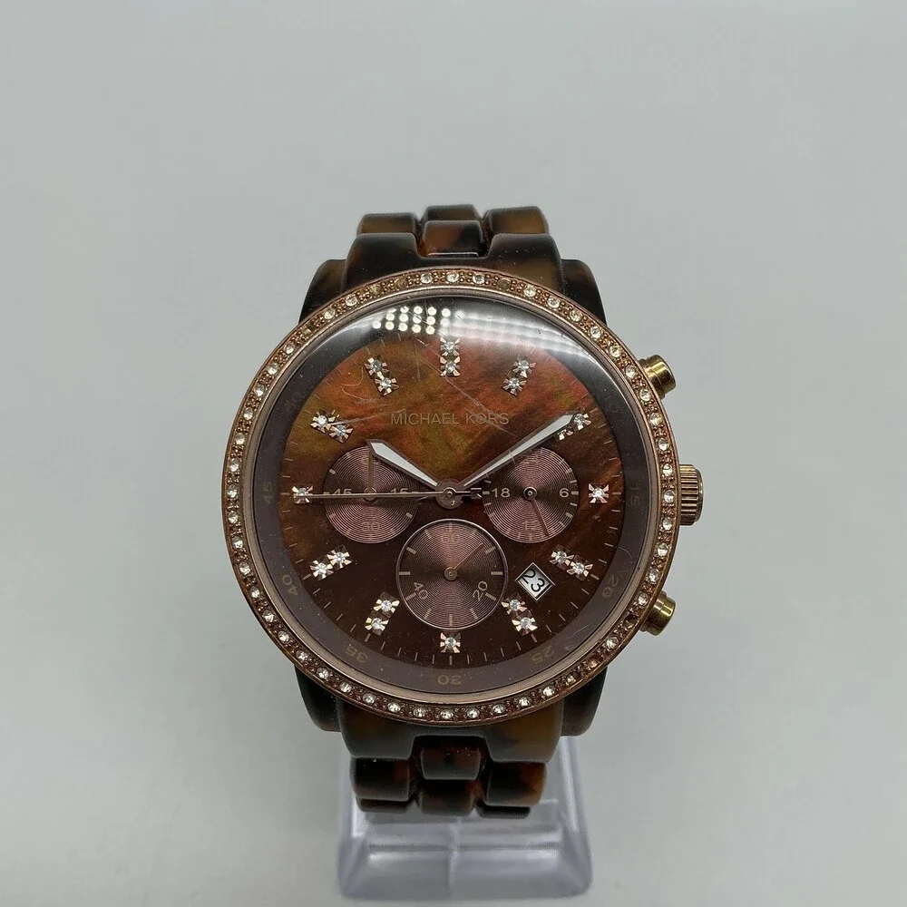 Michael Kors Blair Women Watch 43mm Faux Tortoise Band MK-5366 New Battery 6.5